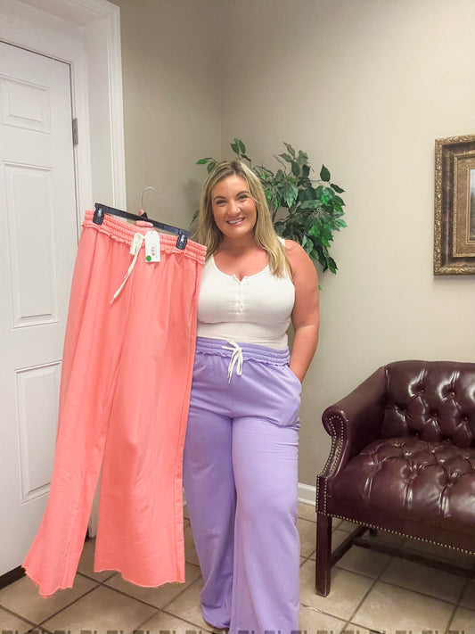 Plus French Terry Drawstring Waist Raw Edge Hem Pants in Cream Coral and Lavendar