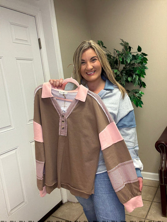 Color Block Oversized Casual Knit Top by Very J  in Mocha and Heather Grey