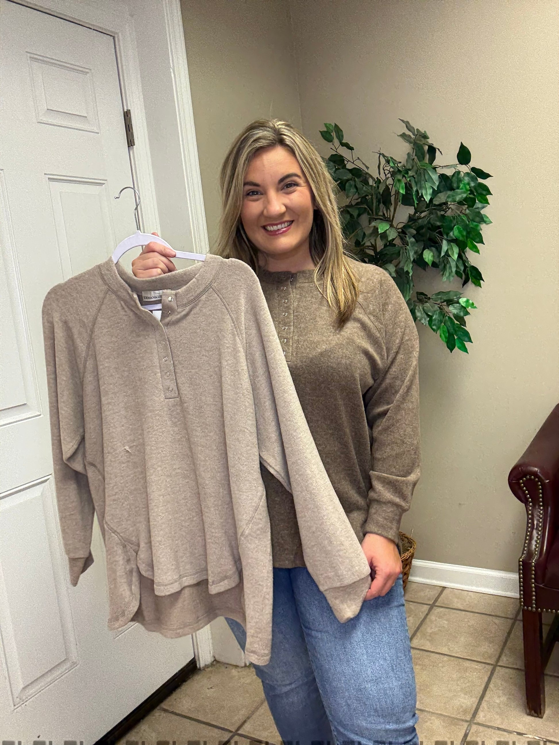 Long sleeve  Brushed Melange Hacci Oversized 7 Button Henley Pocket Sweater in Mocha and Ash Mocha by Zenana