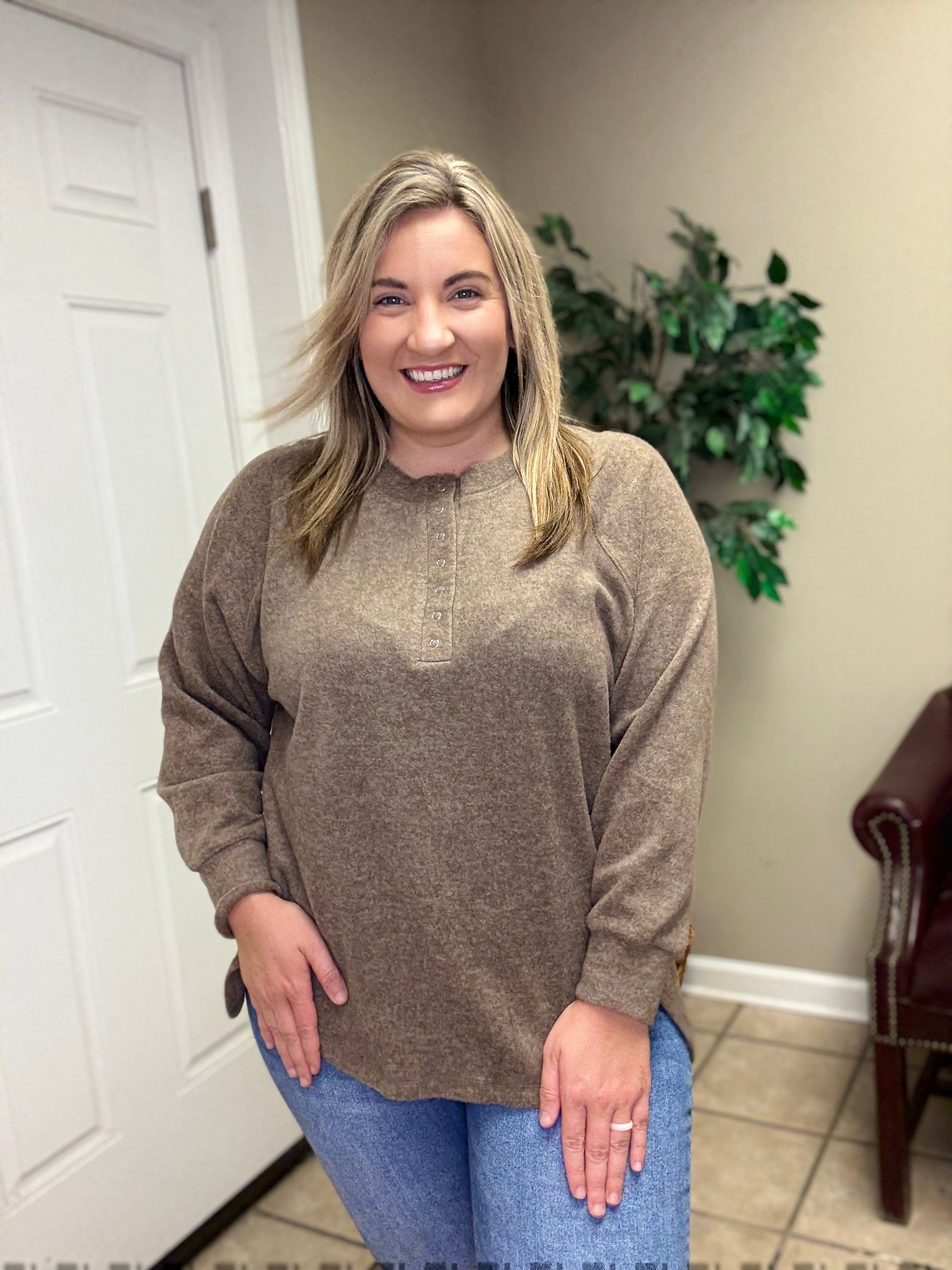 Long sleeve  Brushed Melange Hacci Oversized 7 Button Henley Pocket Sweater in Mocha and Ash Mocha by Zenana