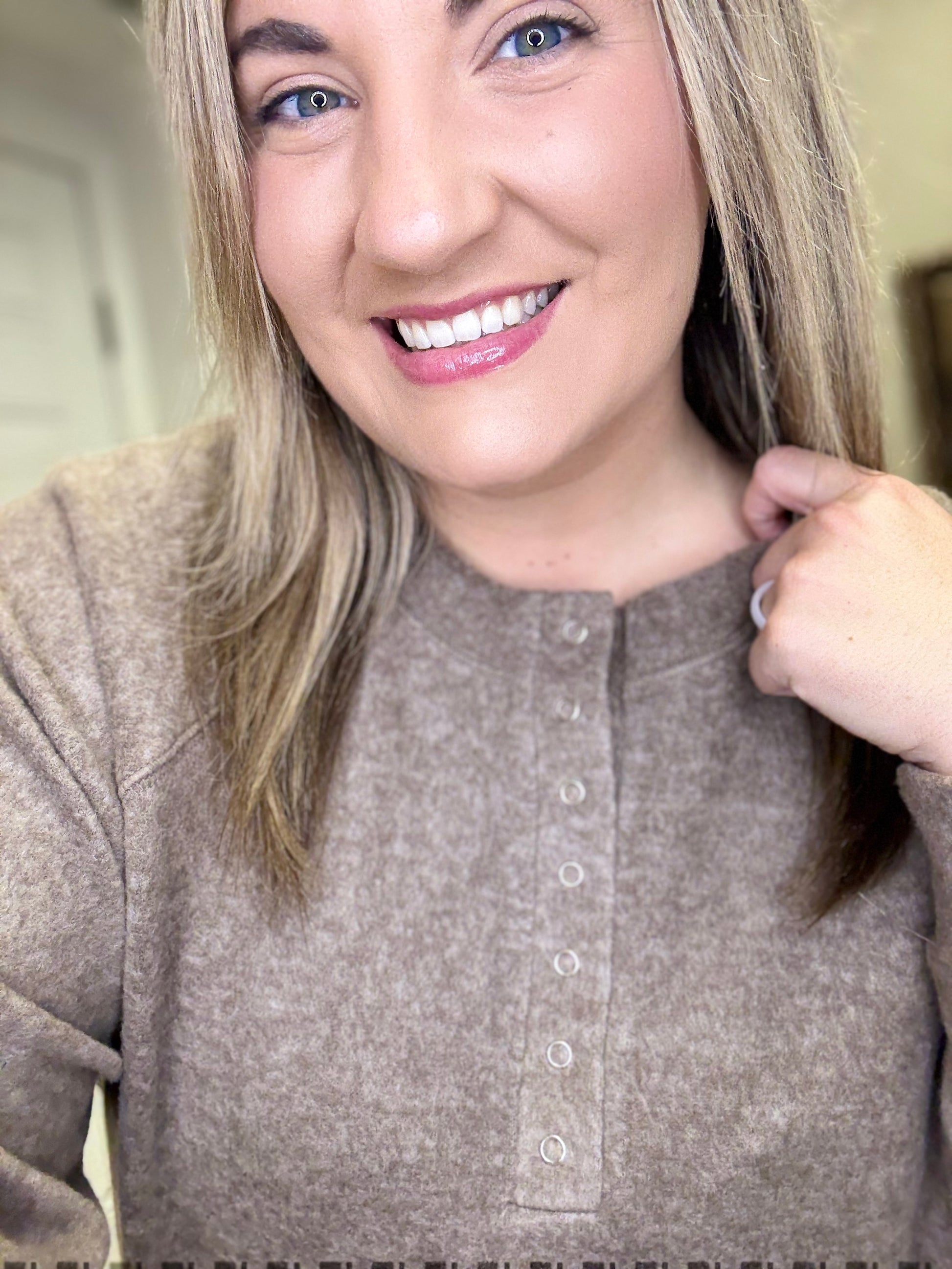 Long sleeve  Brushed Melange Hacci Oversized 7 Button Henley Pocket Sweater in Mocha and Ash Mocha by Zenana