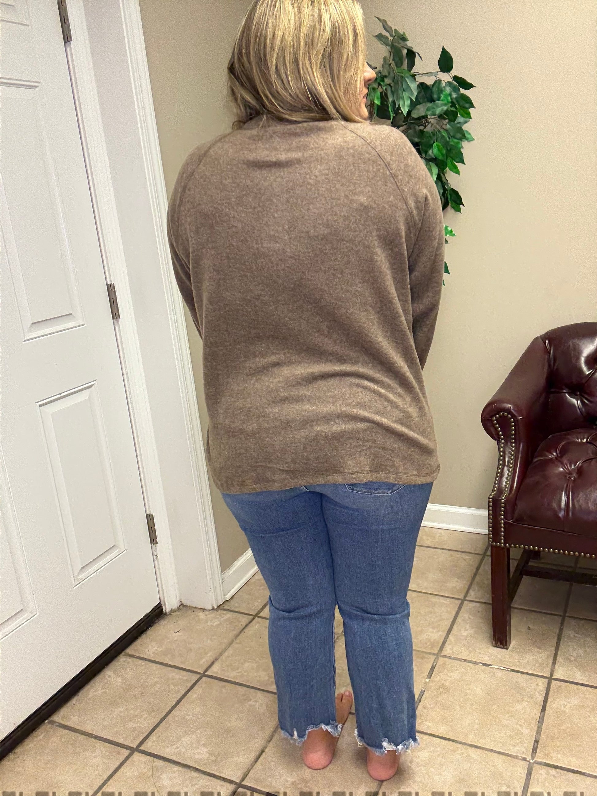 Long sleeve  Brushed Melange Hacci Oversized 7 Button Henley Pocket Sweater in Mocha and Ash Mocha by Zenana