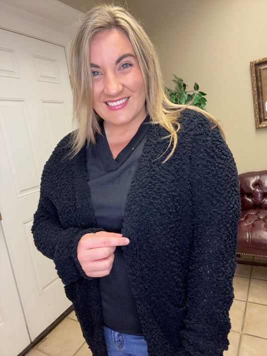Black Long Sleeve Popcorn Sweater Cardigan With Pockets by Zenana