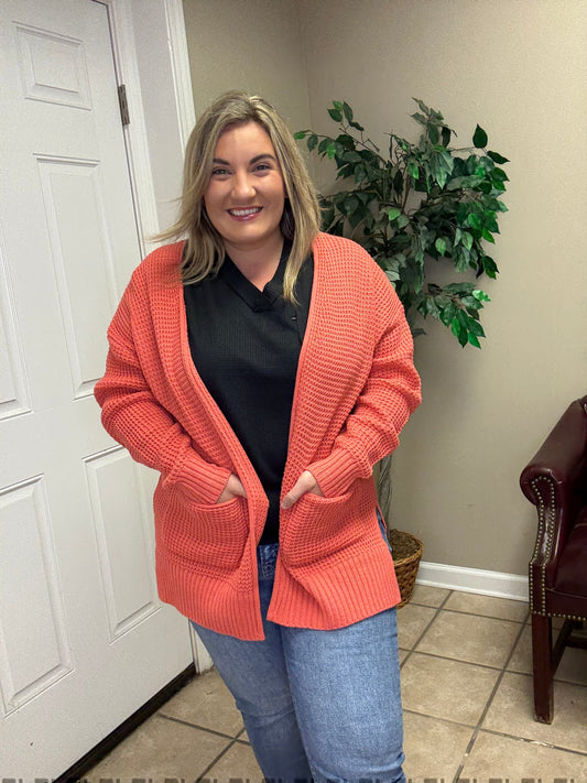 Plus Low Gauge Waffle Open Cardigan Sweater in Coral by Zenana