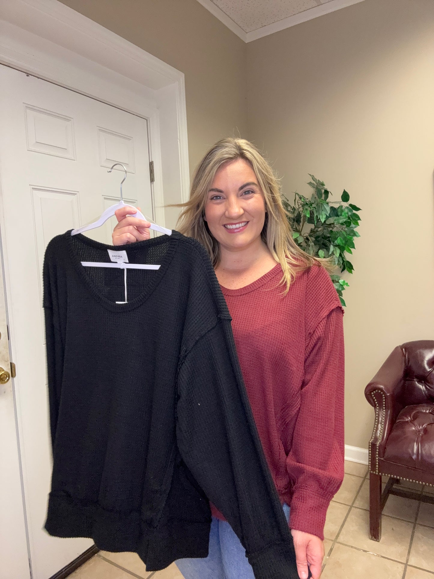 Long sleeve Brushed Thermal Top by Andree By Unit in Black and Wine