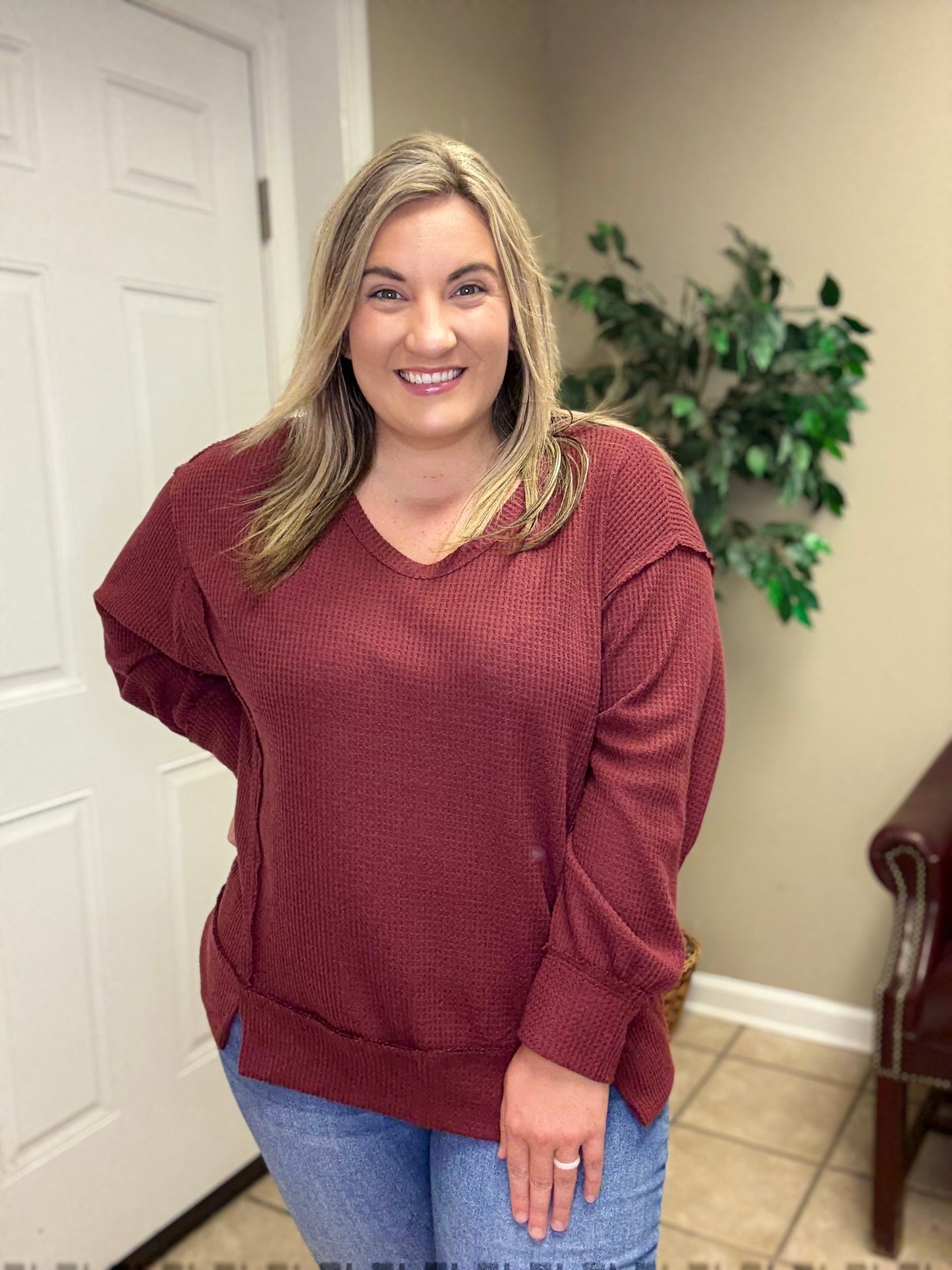 Long sleeve Brushed Thermal Top by Andree By Unit in Black and Wine