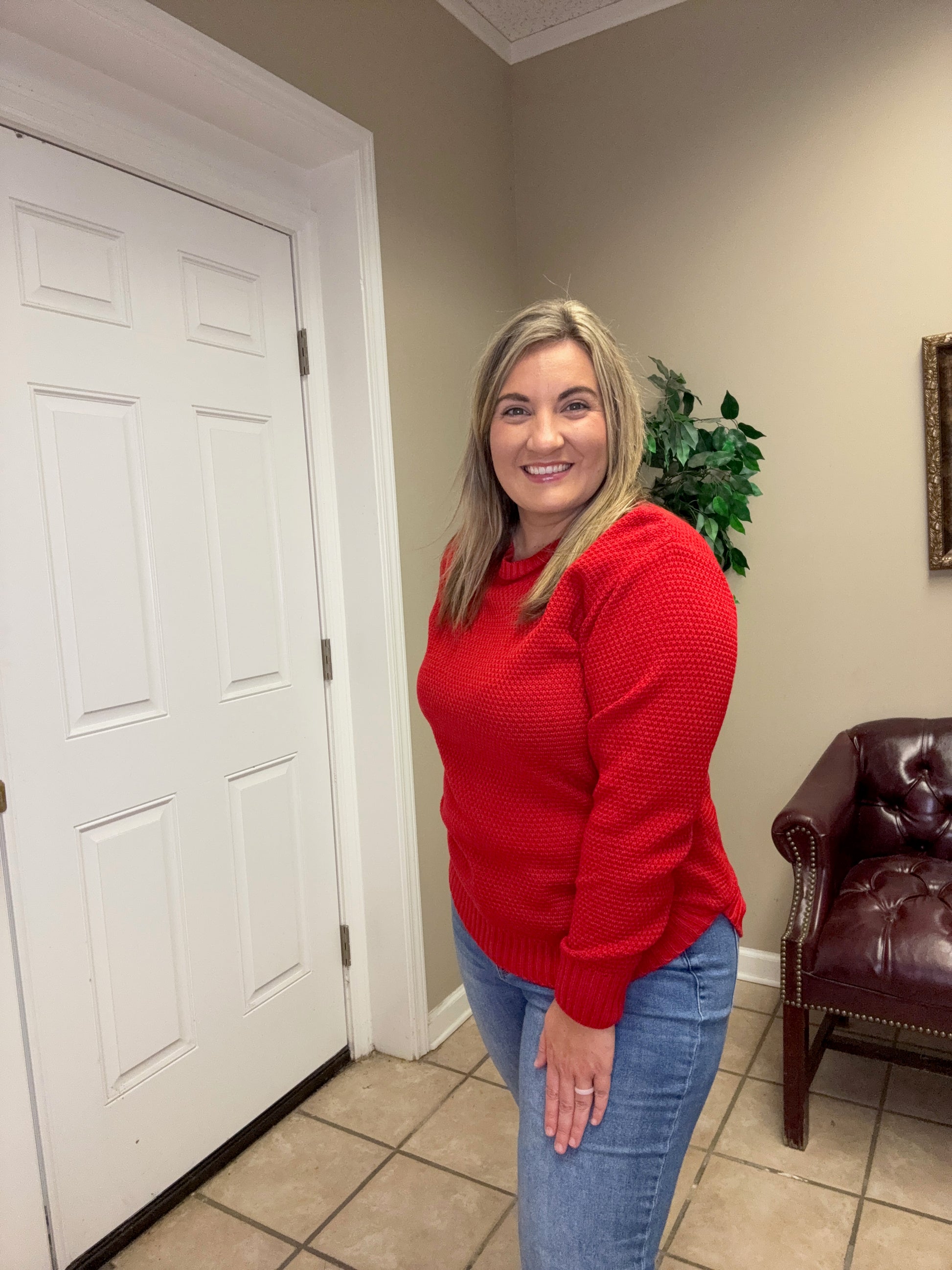 Red Round Neck Basic Sweater by Zenana