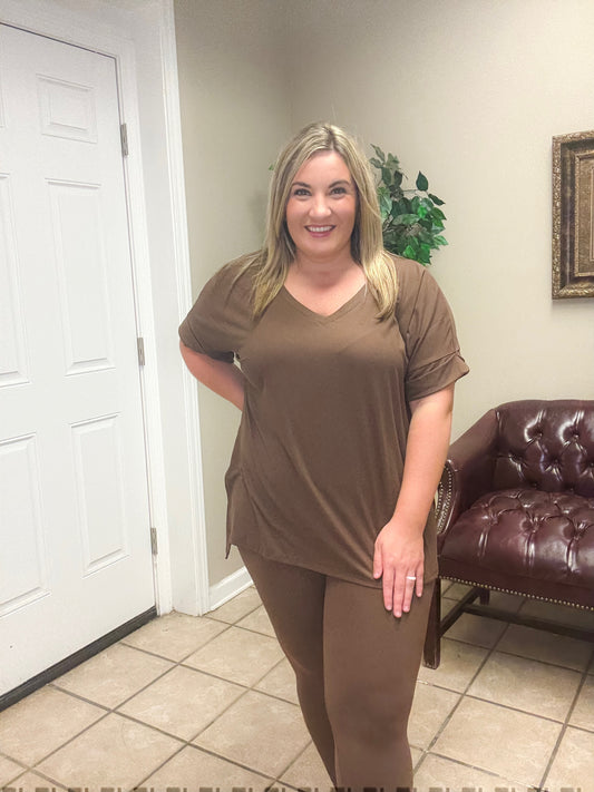 Plus Brushed DTY Microfiber Leggings Set by Zenana in Brown