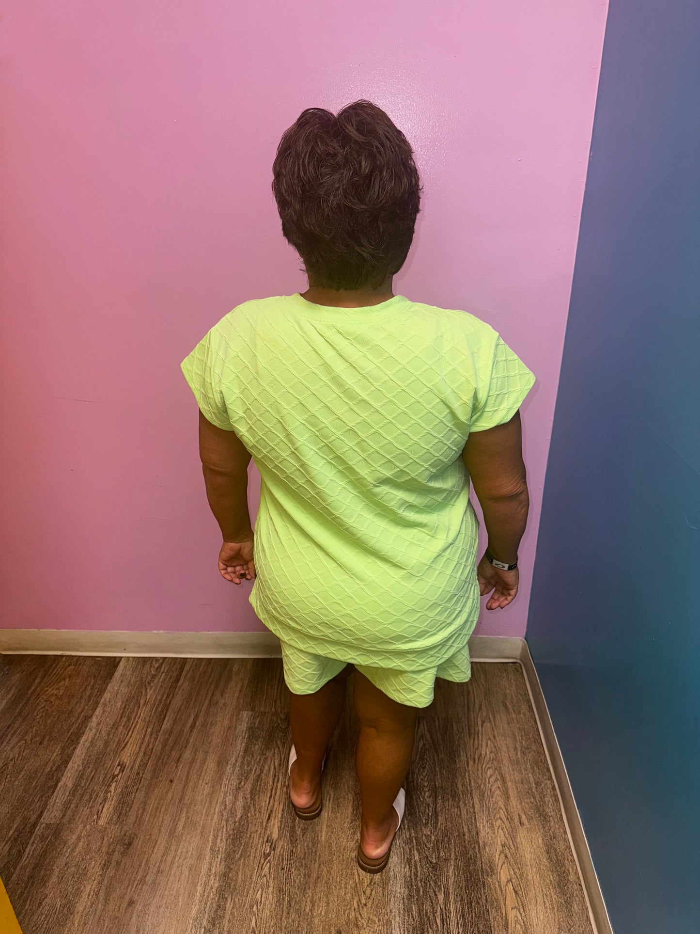 Neon Green Checkered Textured Short Set