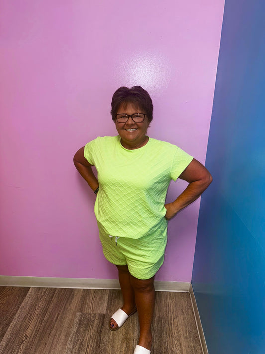 Neon Green Checkered Textured Short Set