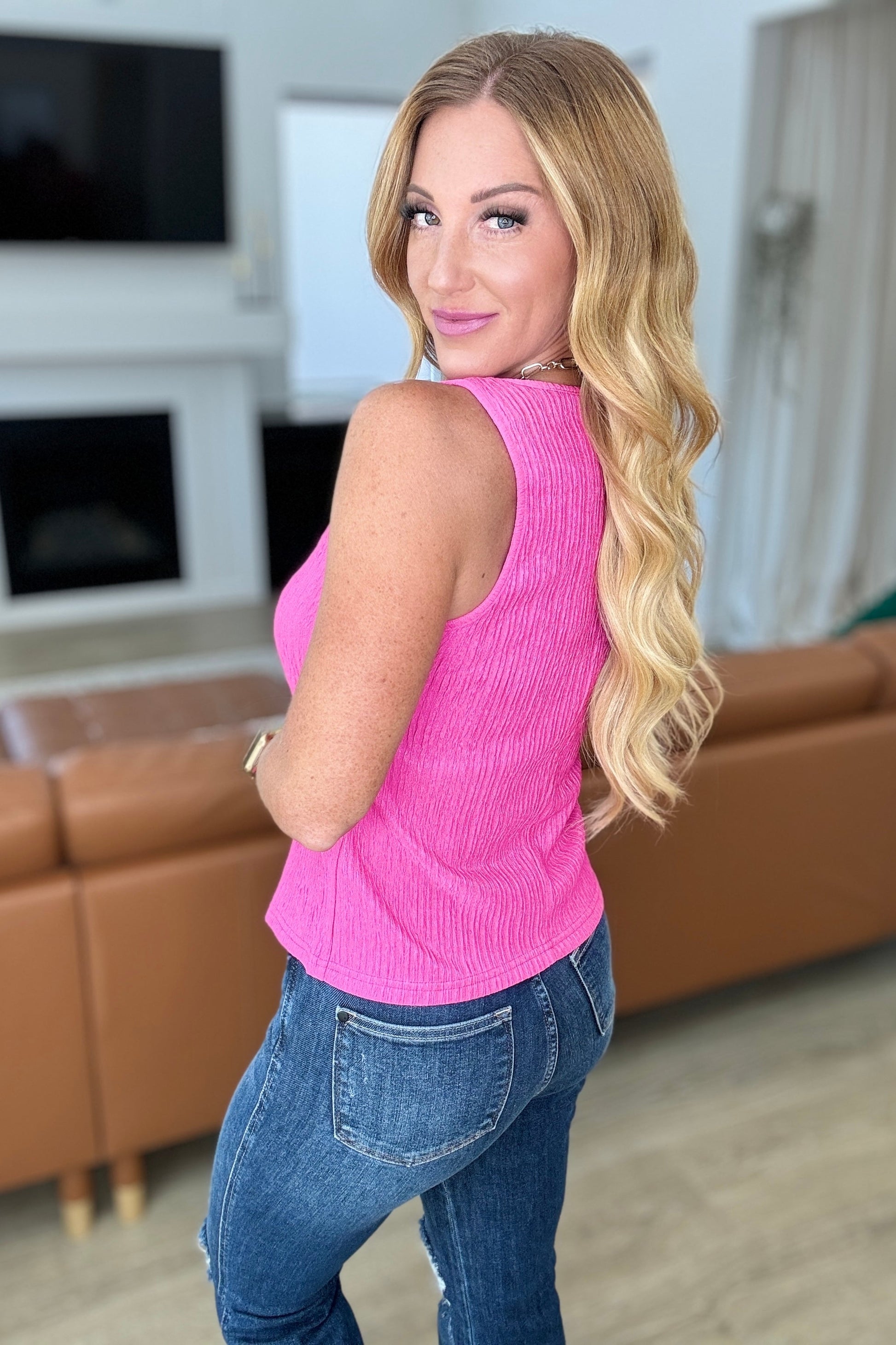 Pink, high stretch crinkle poly, scoop neck tank top