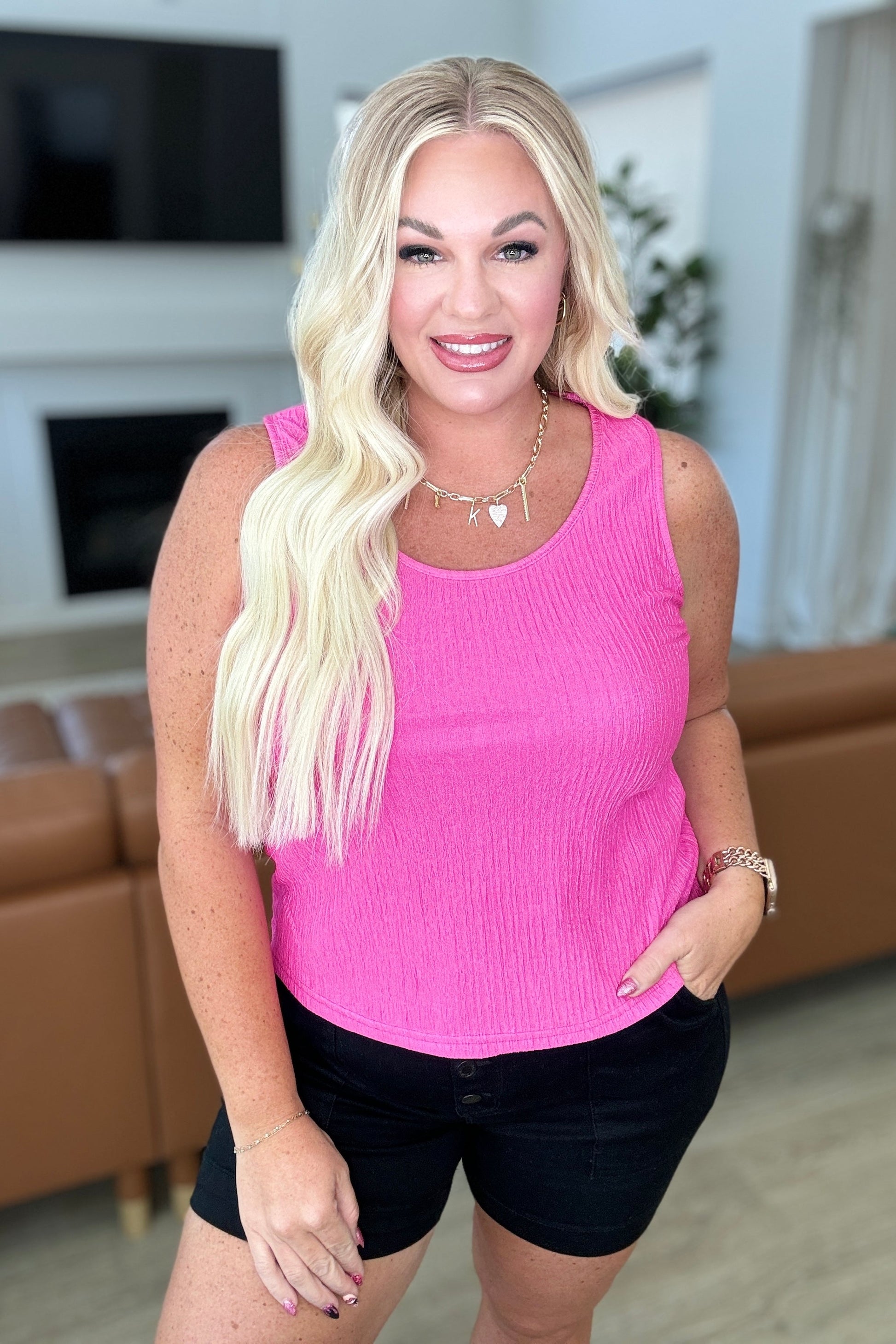 Pink, high stretch crinkle poly, scoop neck tank top