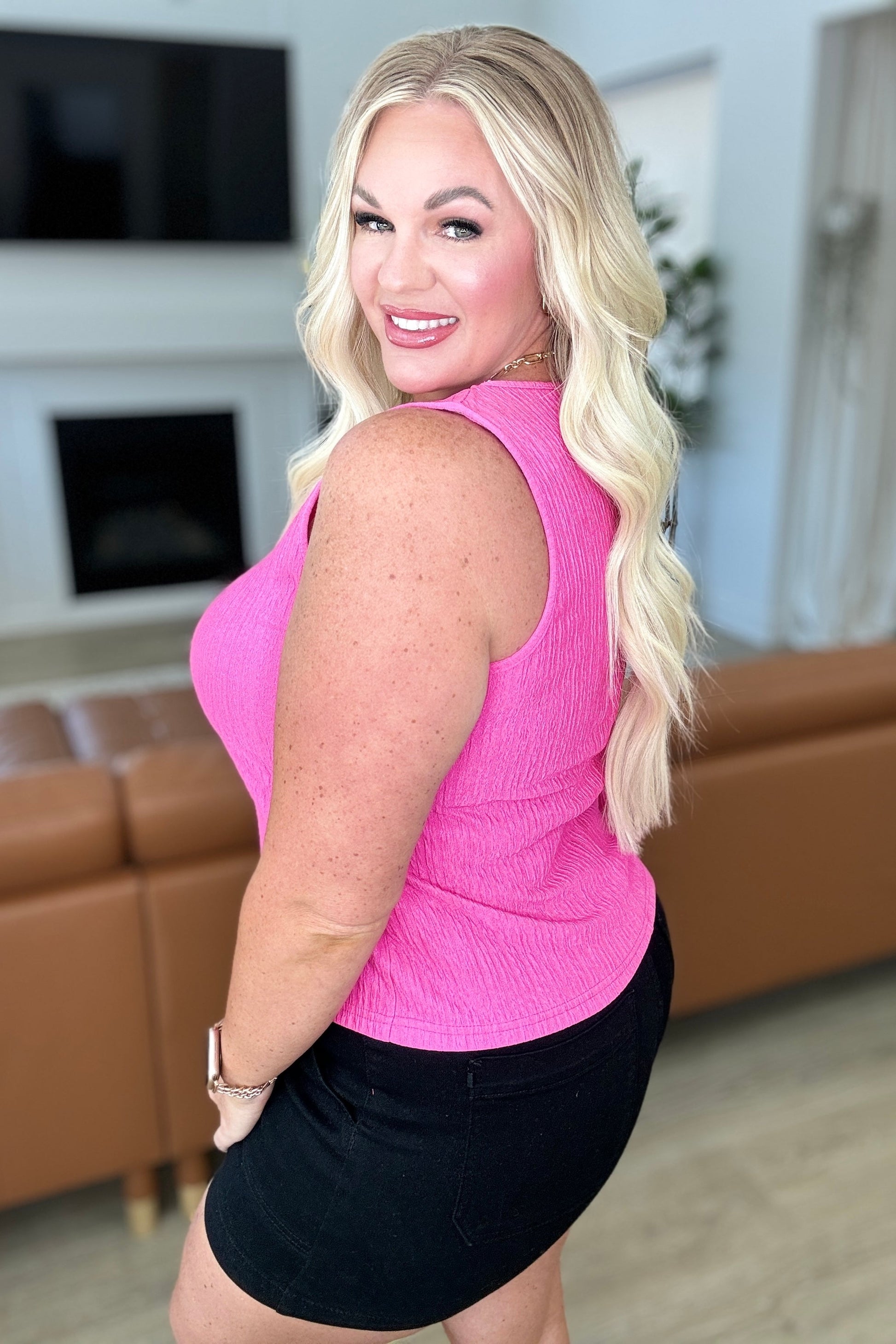 Pink, high stretch crinkle poly, scoop neck tank top