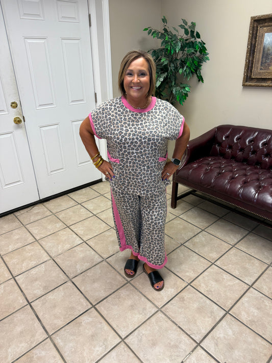 Leopard print terry top and pants set