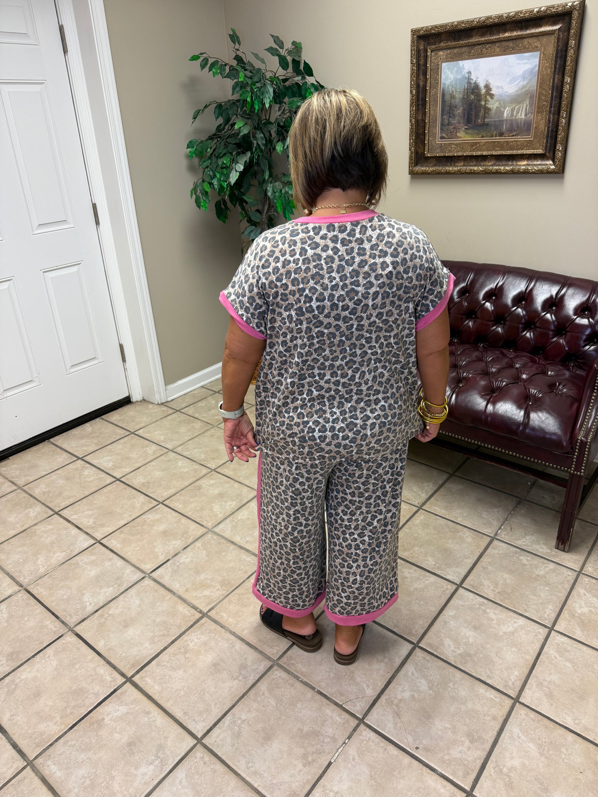 Leopard print terry top and pants set