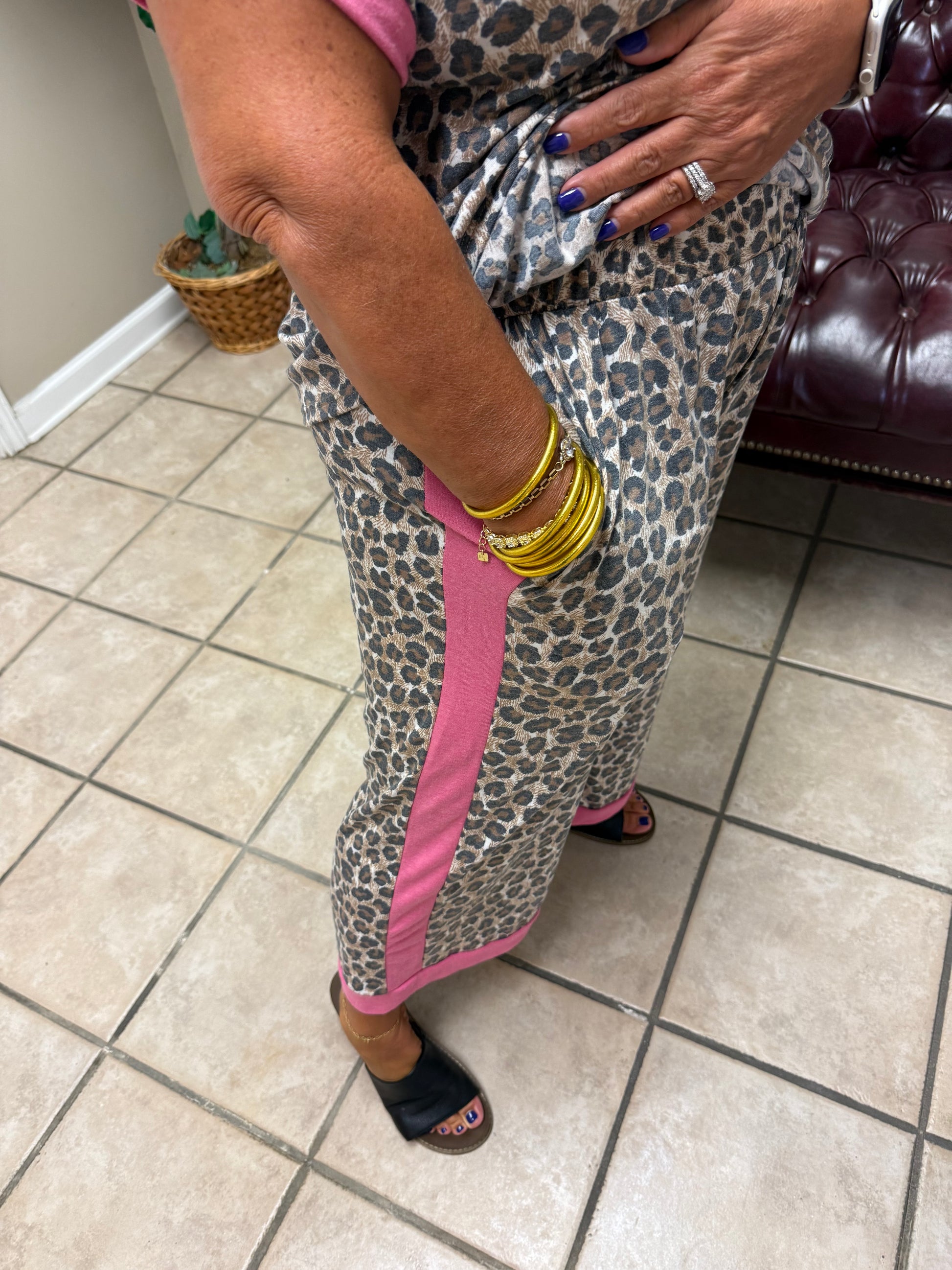 Leopard print terry top and pants set