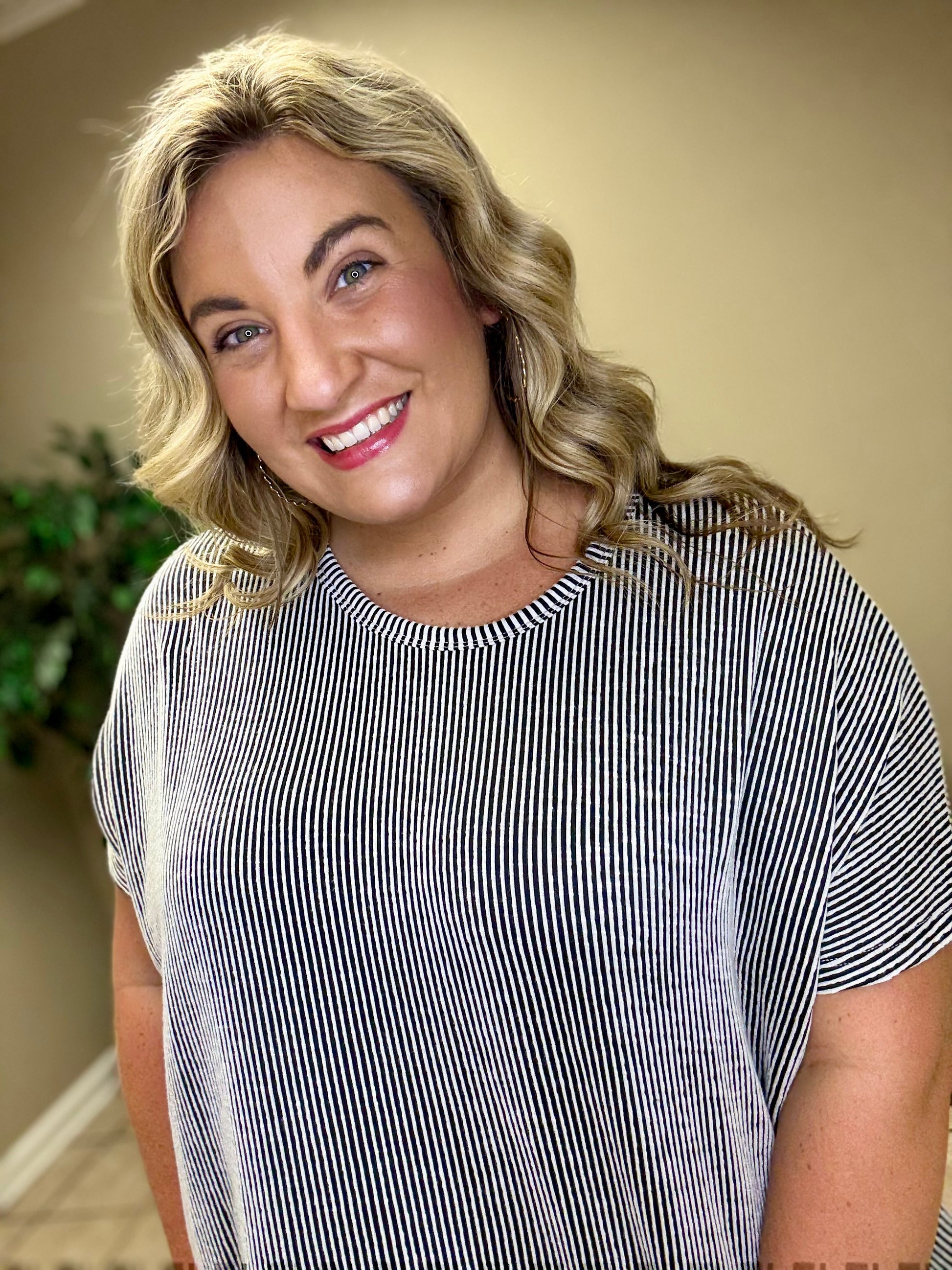 Ribbed Striped Oversized Short Sleeve Top