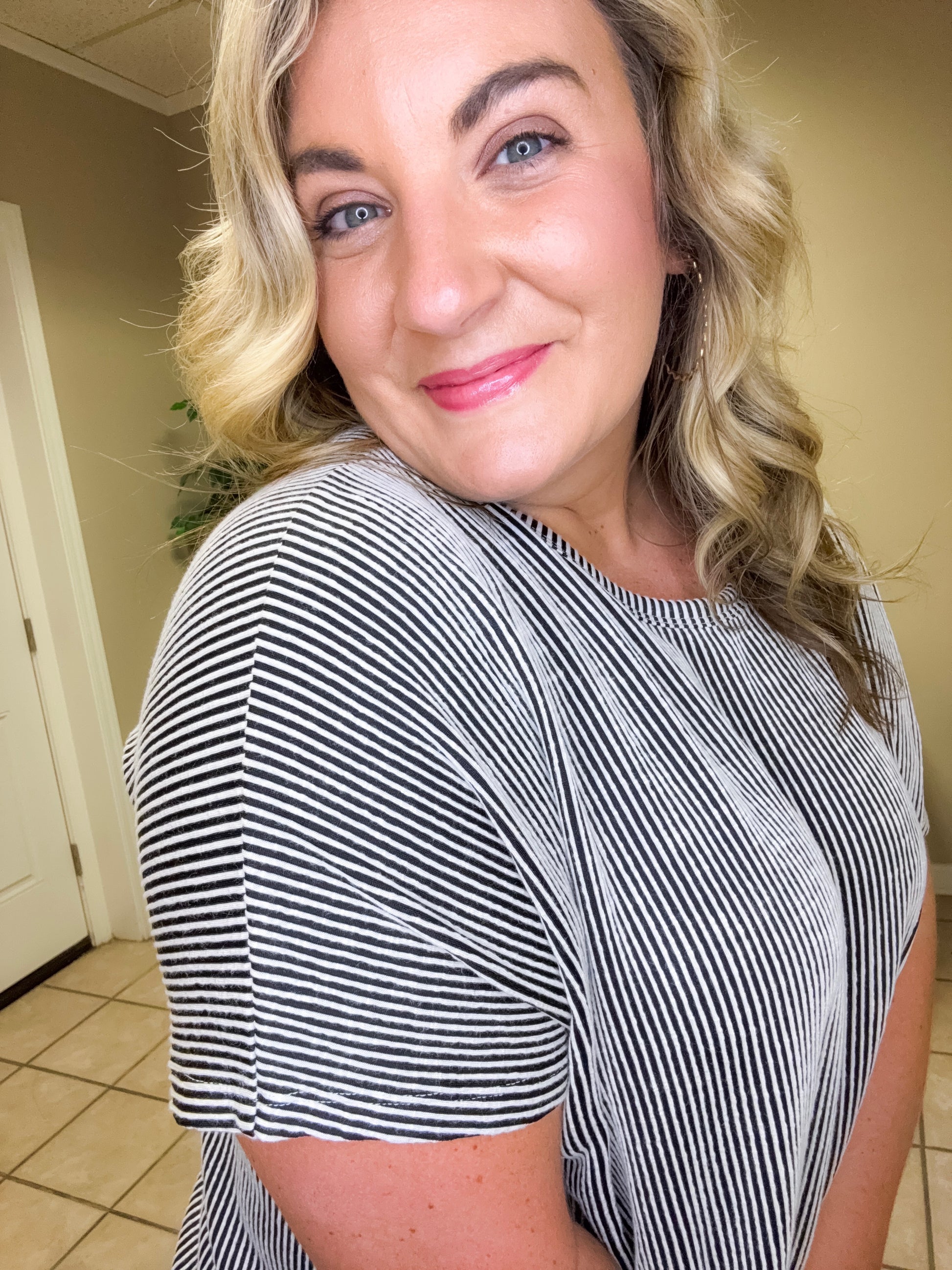 Ribbed Striped Oversized Short Sleeve Top