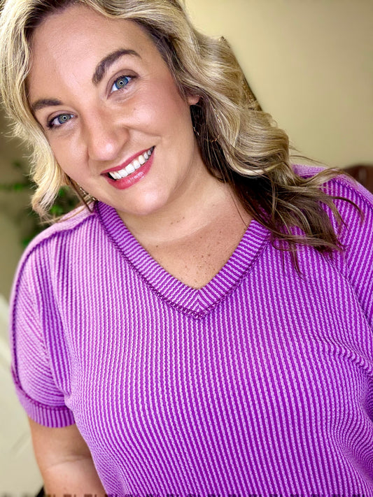 Corded Rib Short Sleeve Hi Low V Neck Top