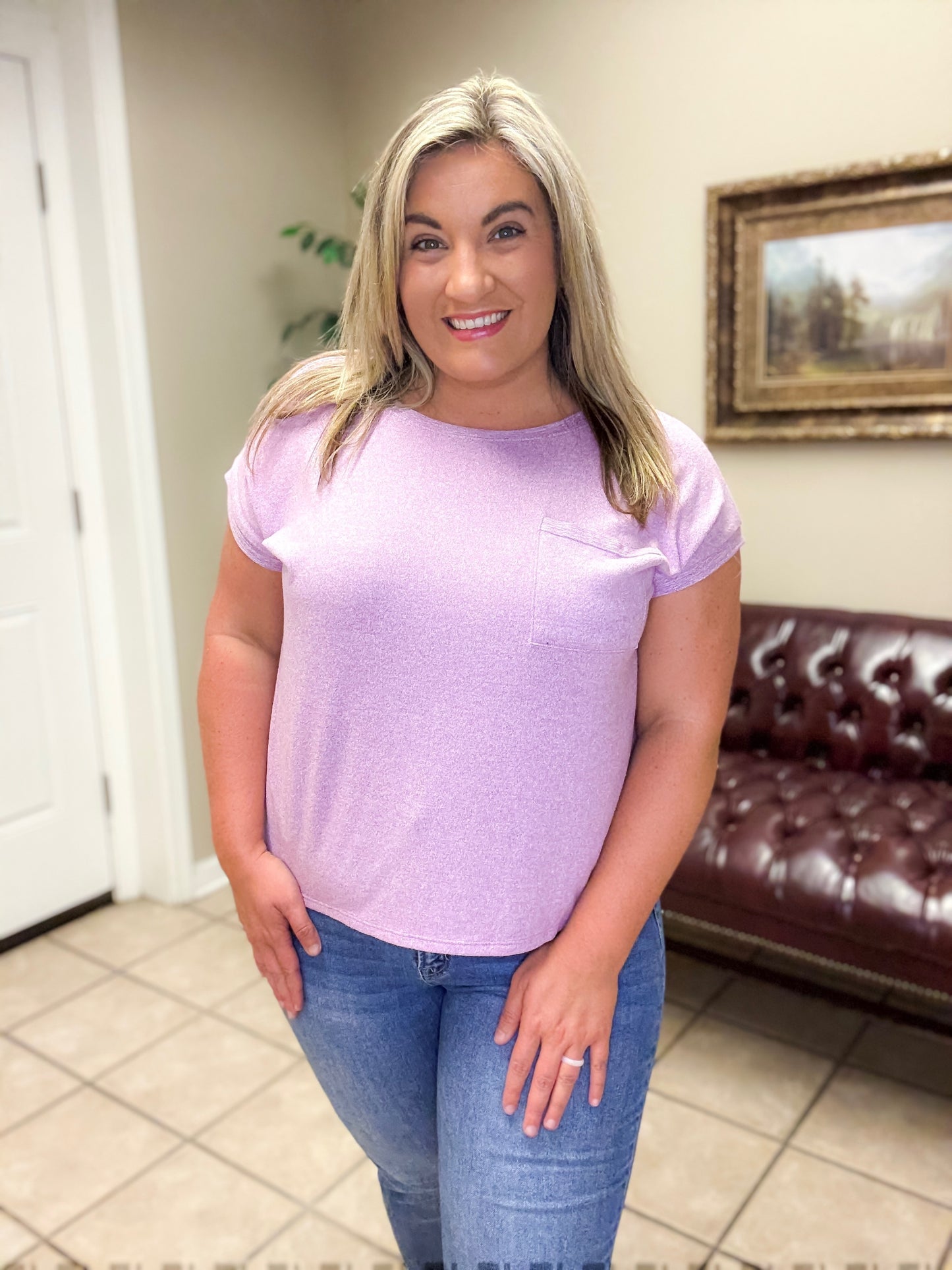  Purple, short sleeve soft melange top 