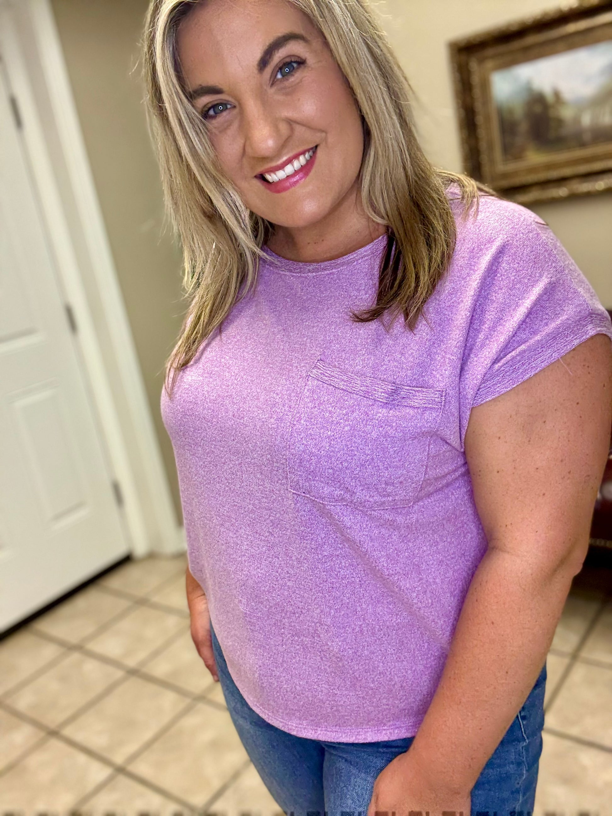  Purple, short sleeve soft melange top 