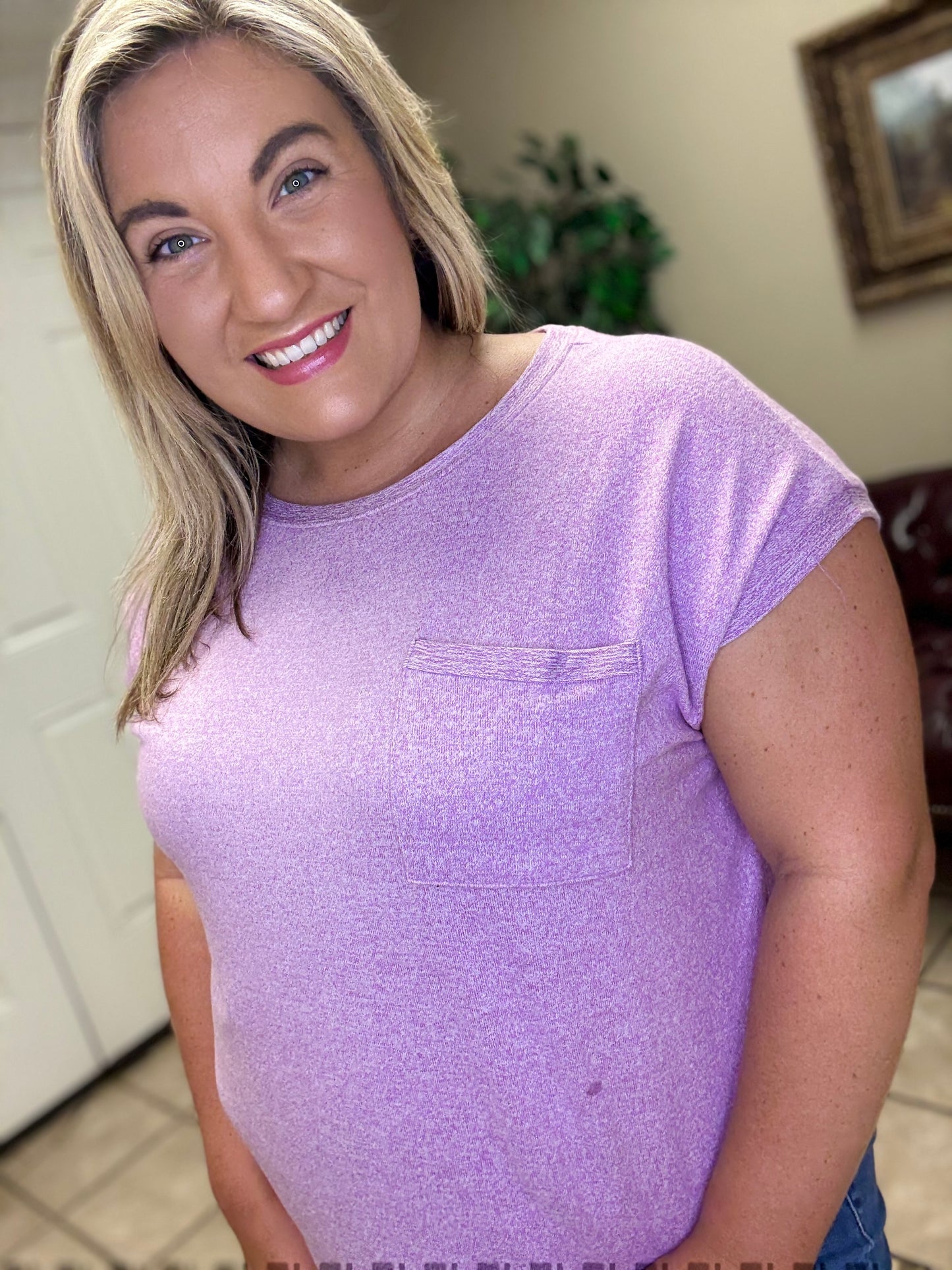  Purple, short sleeve soft melange top 