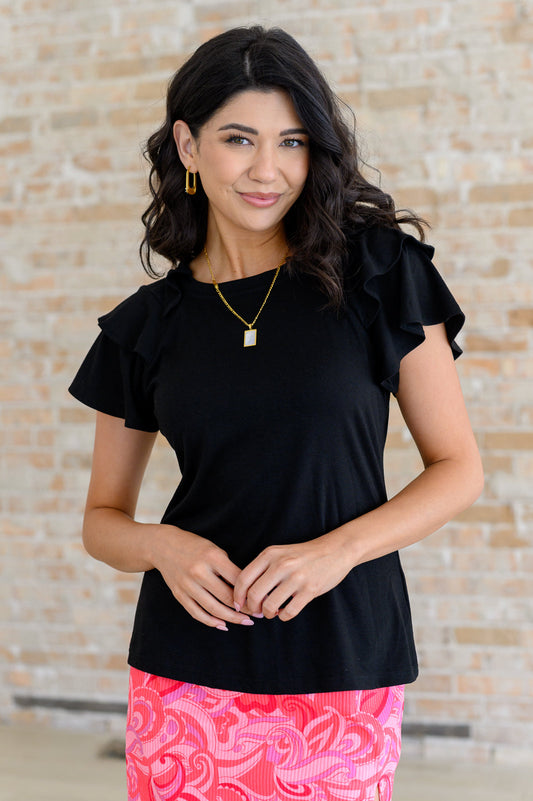 Flutter Sleeve Tee In Black
Lightweight Ribbed Jersey Knit
Banded Round Neckline
Layered Flutter Sleeve
60% Polyester, 35% Viscose, 5% Elastane
True to Size
