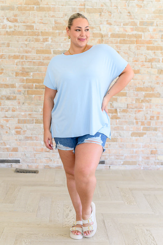 Baby Blue, light weight jersey knit, rayon, round neck, dolman sleeve, side slits top