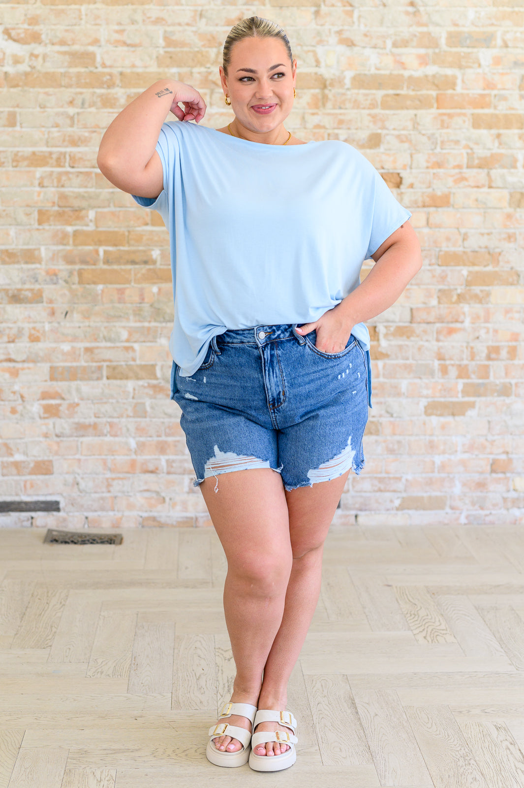 Baby Blue, light weight jersey knit, rayon, round neck, dolman sleeve, side slits top
