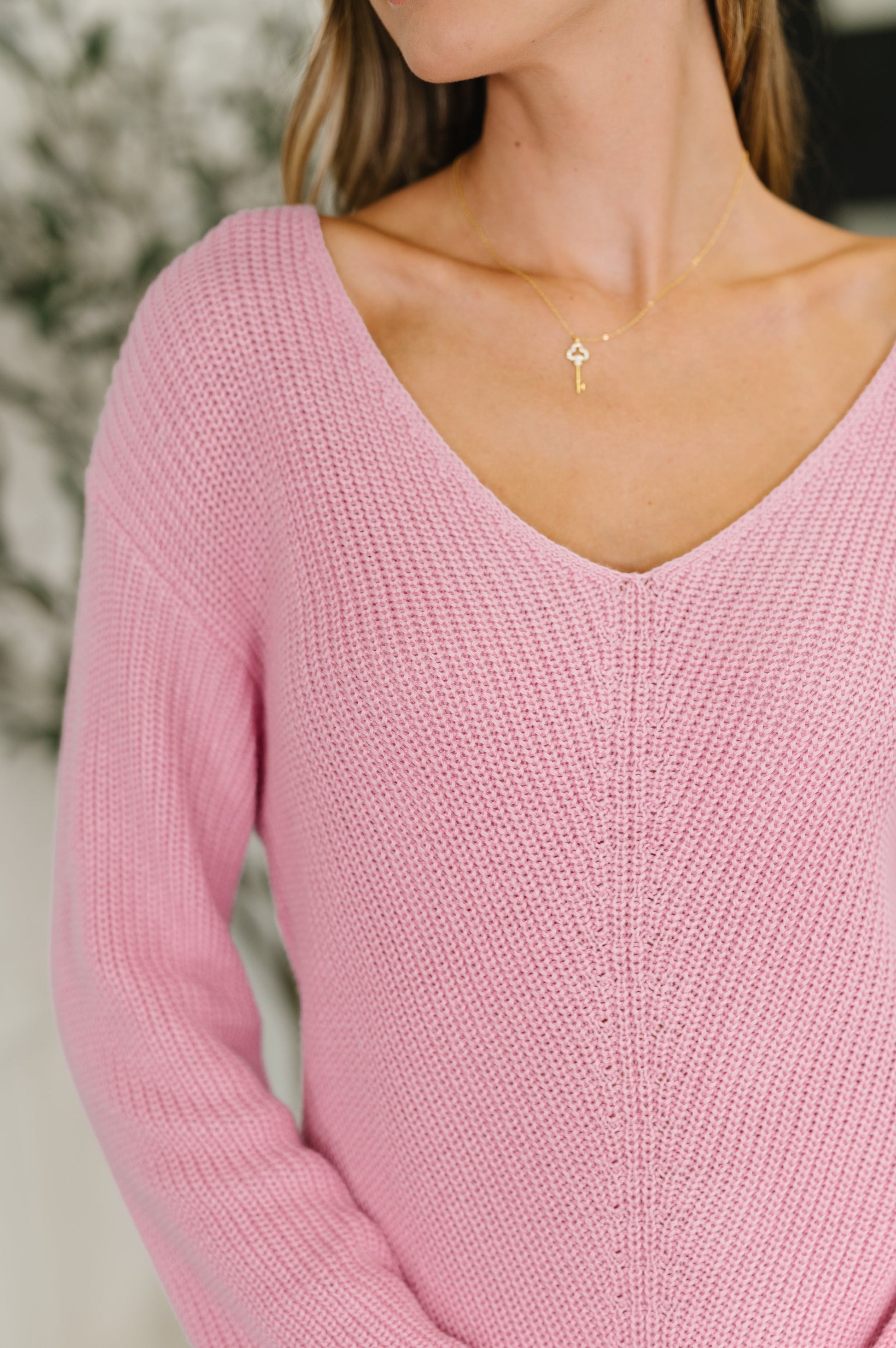 pink, long sleeve, V neck sweater
