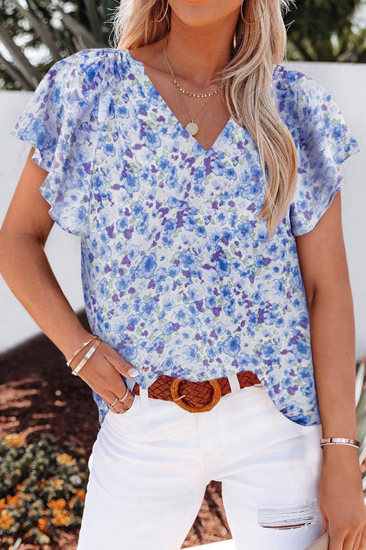 Blue Floral Flutter Sleeve Blouse May.