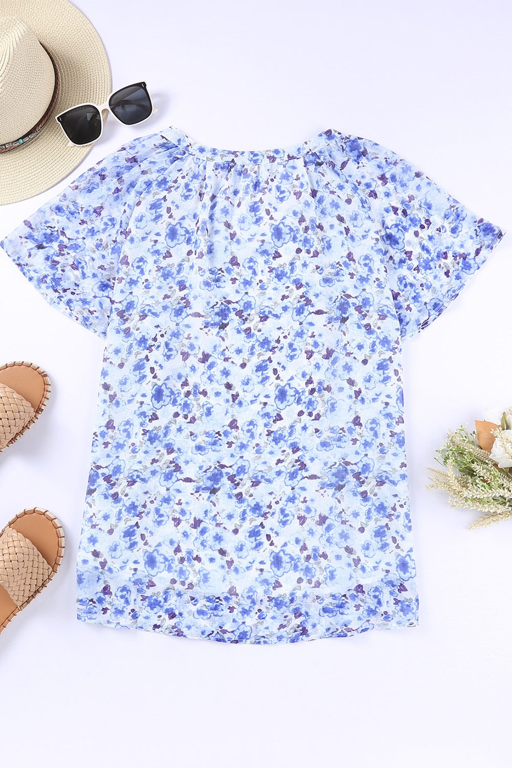 Blue Floral Flutter Sleeve Blouse May.