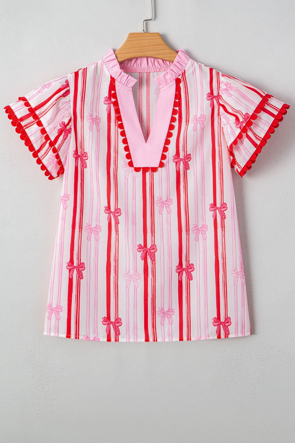 Pink Bow Striped Scallop Blouse May.