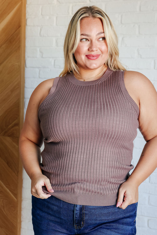 Mocha, midweight ribbed sweater knit, banded neckline, banded sleeve cuff, banded hem, high stretch, true to size sleeveless tank