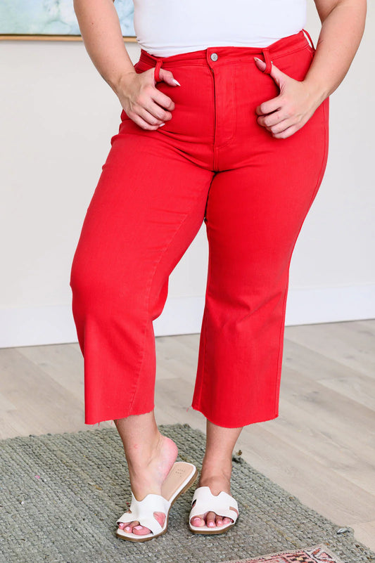 Red LISA HIGH RISE CONTROL TOP WIDE  LEG CROP JEANS IN RED BY JUDY BLUE
