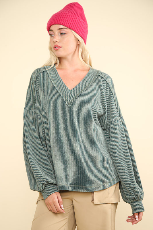 Wide Neck Band Oversized Comfy Soft Two Tone Double Knit Top by Very J in Moss