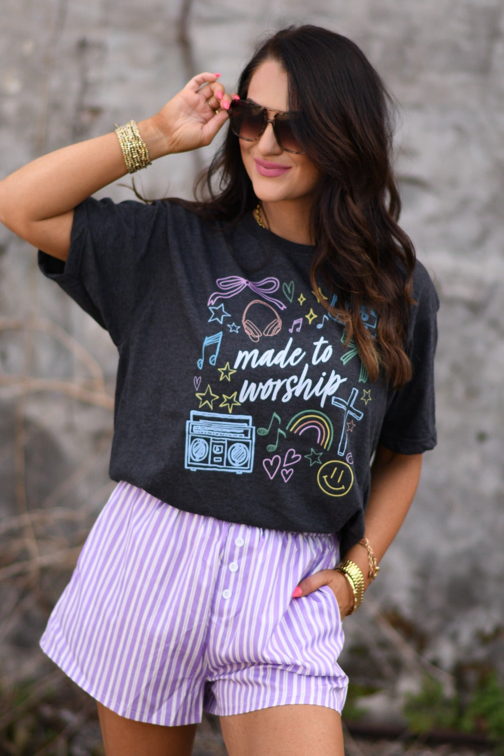 Made To Worship Icons Tee Heather Graphite Christian graphic tee for women – Cady Mae’s Boutique