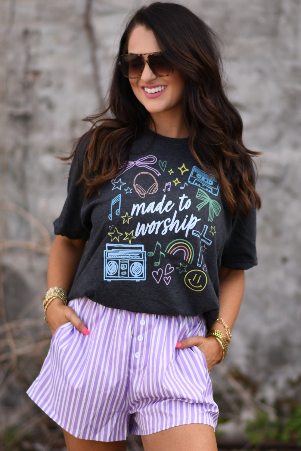 Heather graphite Made To Worship Christian boutique graphic tee with colorful icons