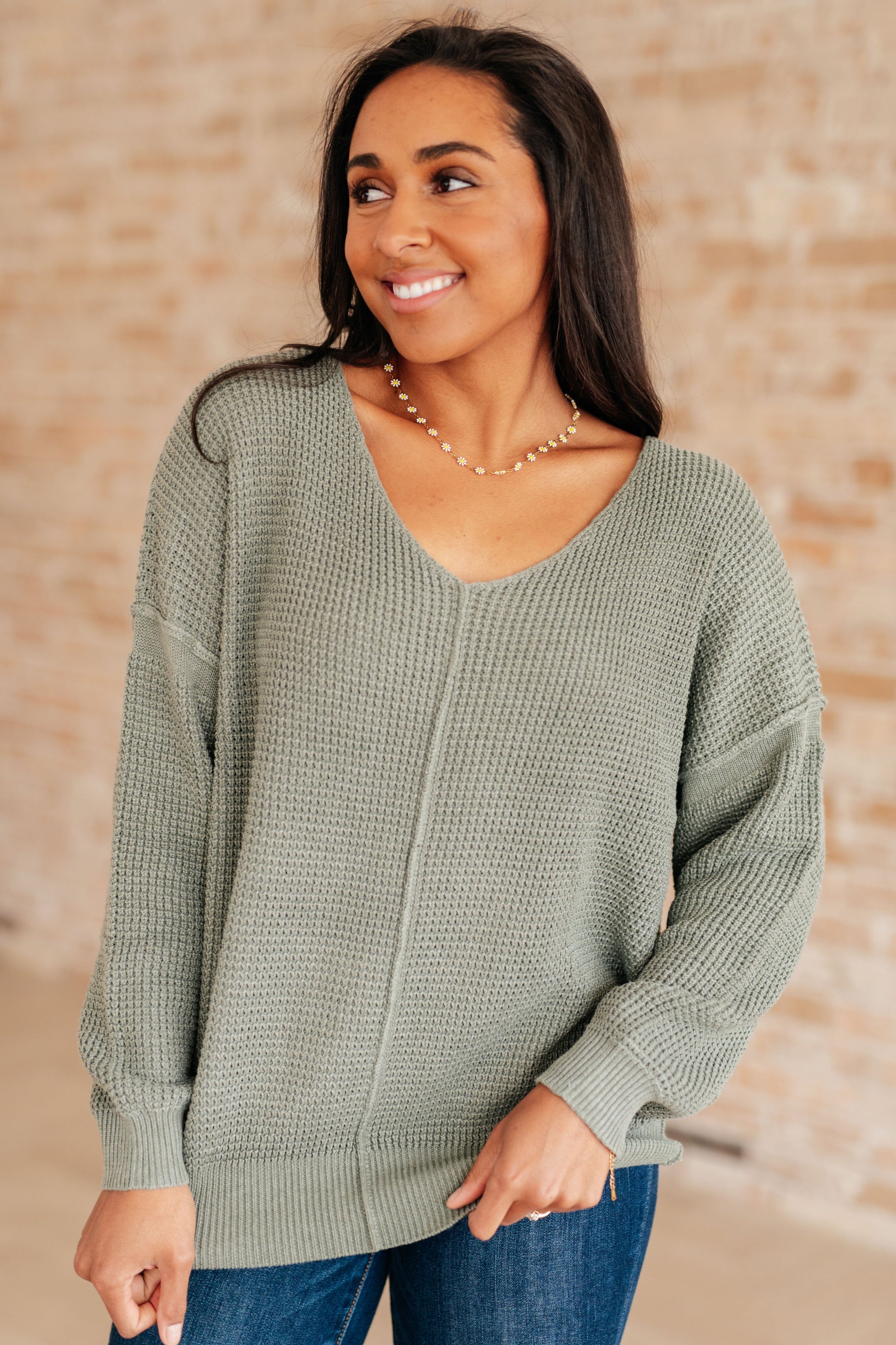 Long sleeve V-Neck Sweater in Light Olive by Heyson
