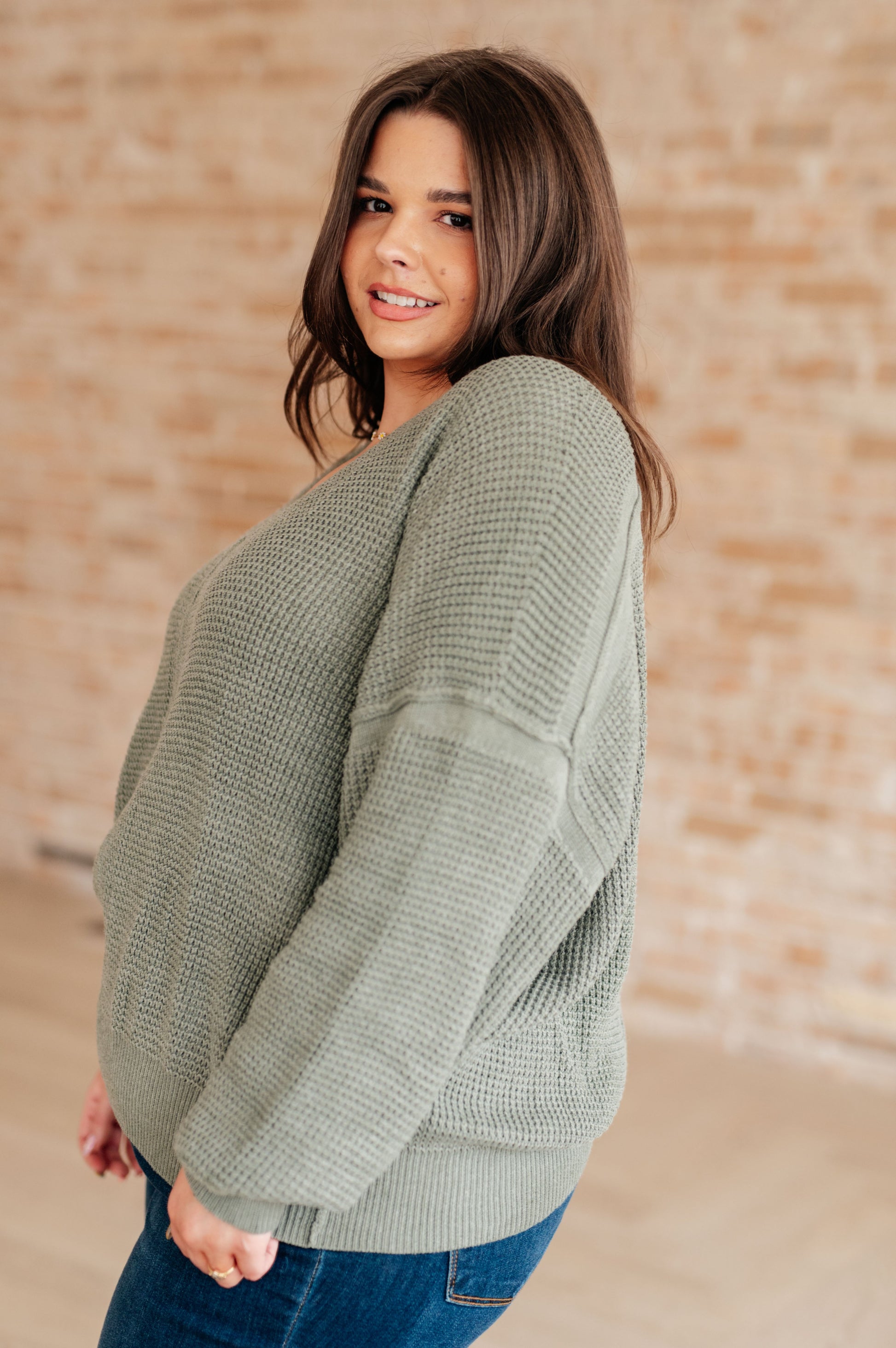 Long sleeve V-Neck Sweater in Light Olive by Heyson