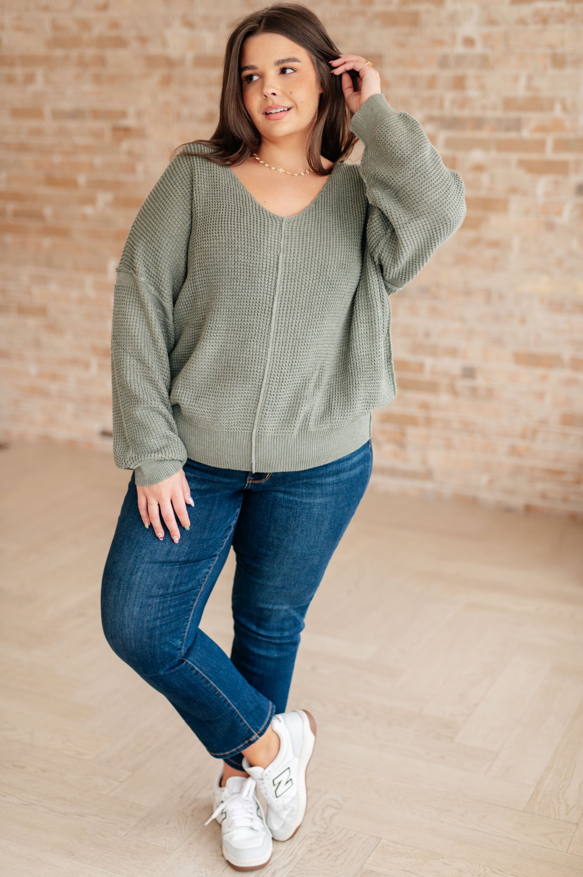 Long sleeve V-Neck Sweater in Light Olive by Heyson
