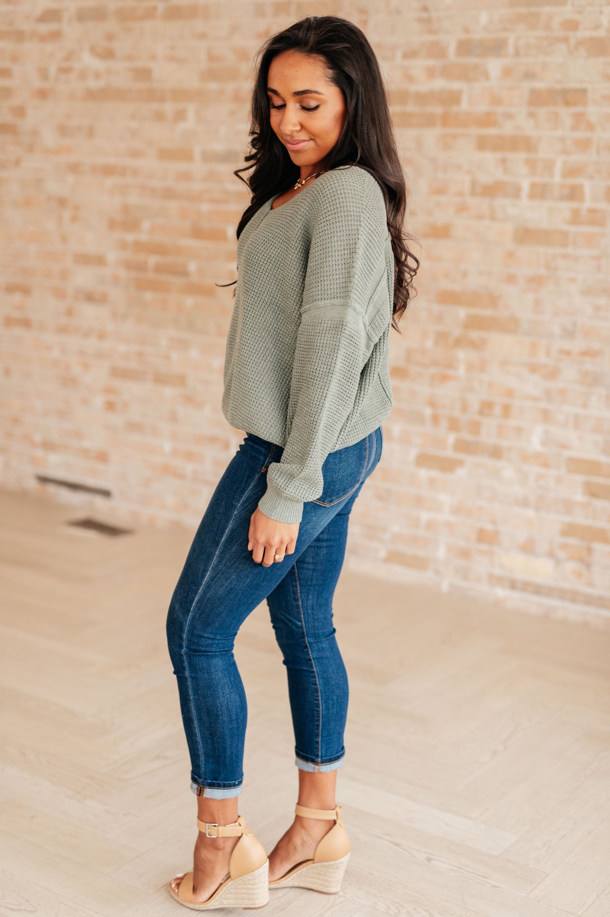 Long sleeve V-Neck Sweater in Light Olive by Heyson