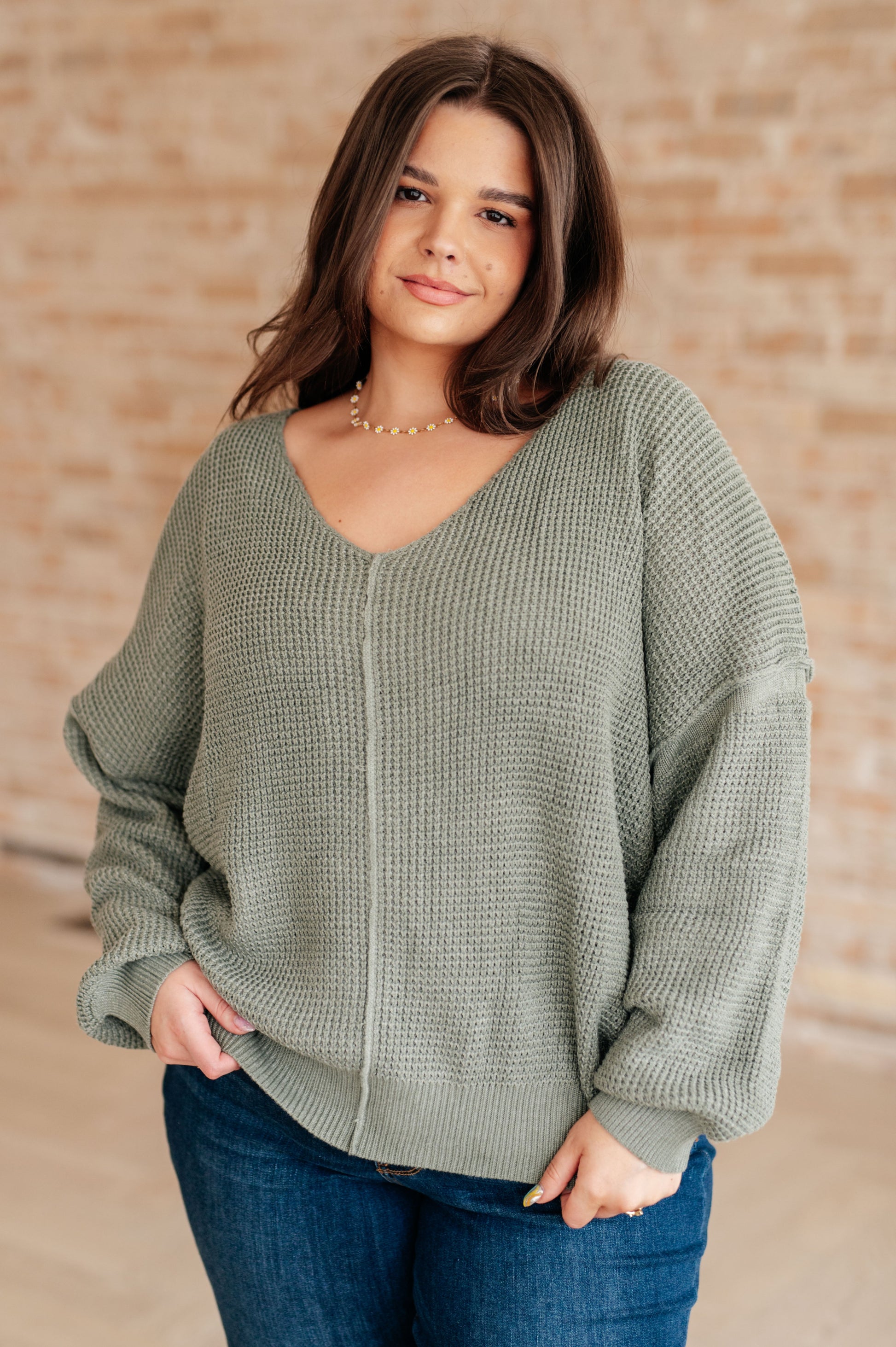 Long sleeve V-Neck Sweater in Light Olive by Heyson