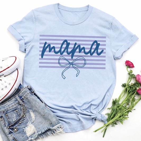 Light blue Mama shirt with bow and striped design styled with denim shorts and sneakers
