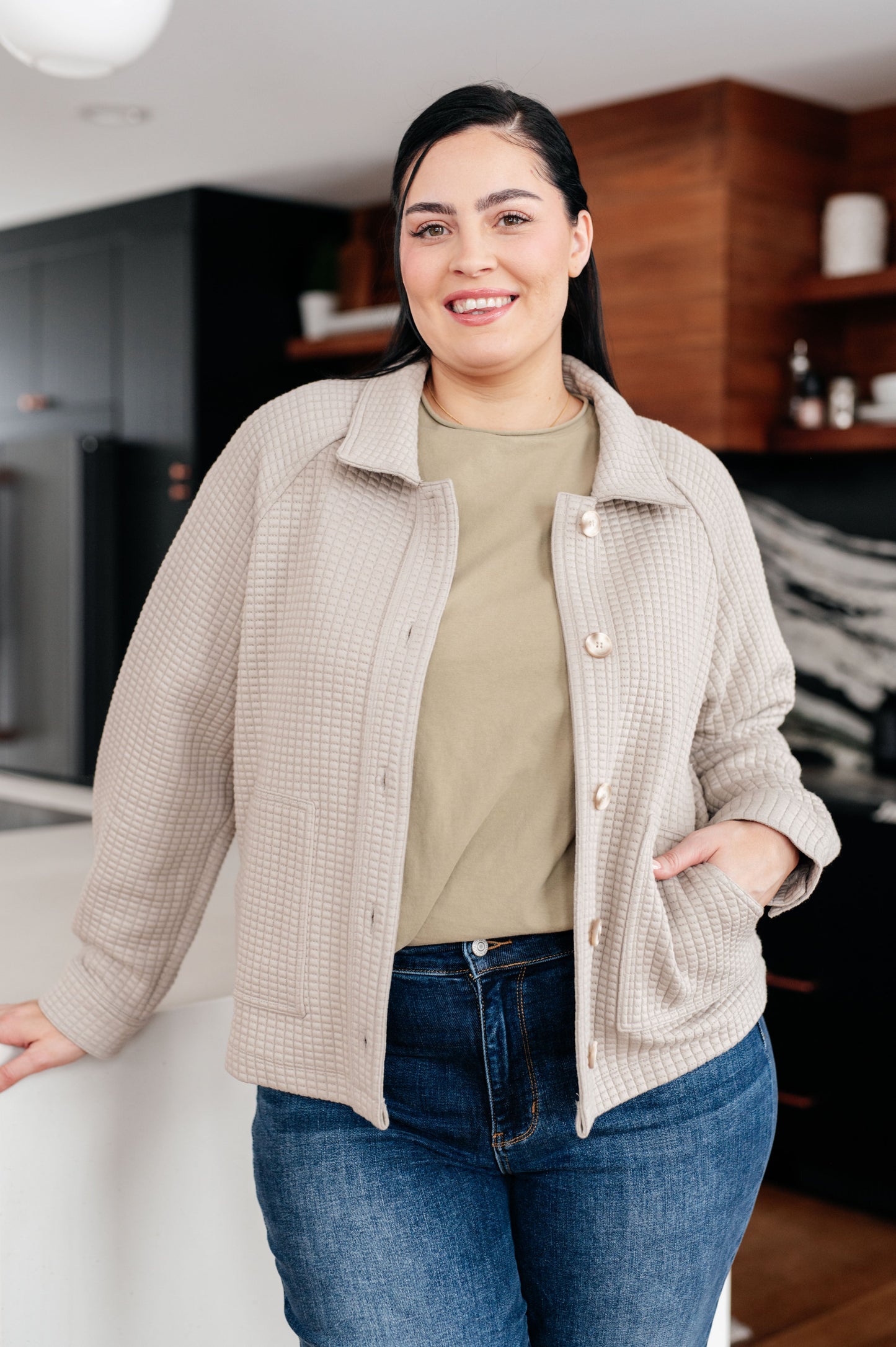 Quilted Textured Scuba Knit Shacket by Mittoshop in Beige
Collared Neckline
Button Closure
Button Sleeve Cuff
Patch Pockets
86% Polyester, 13% Rayon, 1% Spandex
True to Size