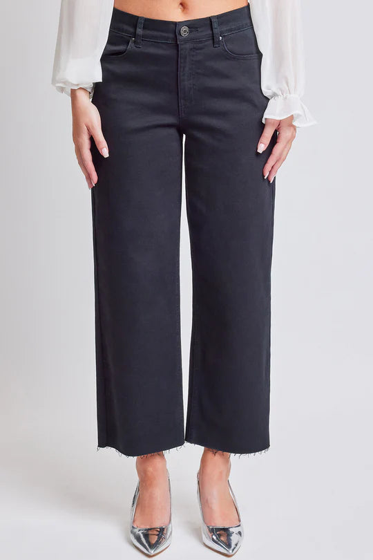 YMI cropped high rise wide leg trouser jeans with raw hem and elastic waistband