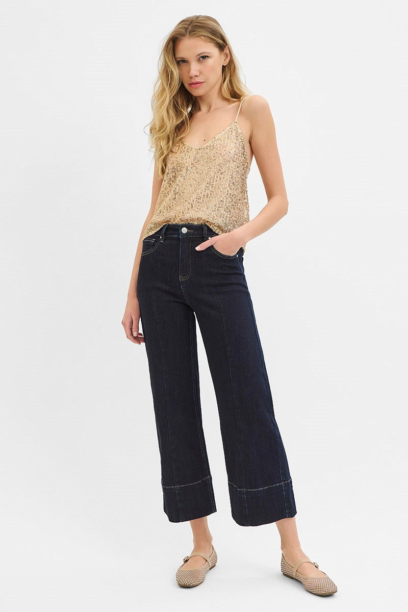 Dark wash tummy control high rise cropped wide leg jeans with seam detail by Risen