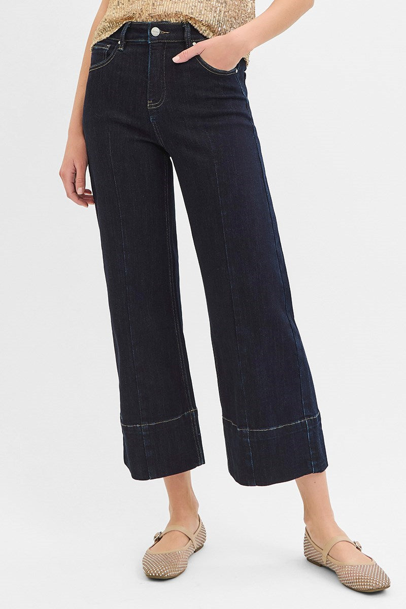Dark wash tummy control high rise cropped wide leg jeans with seam detail by Risen