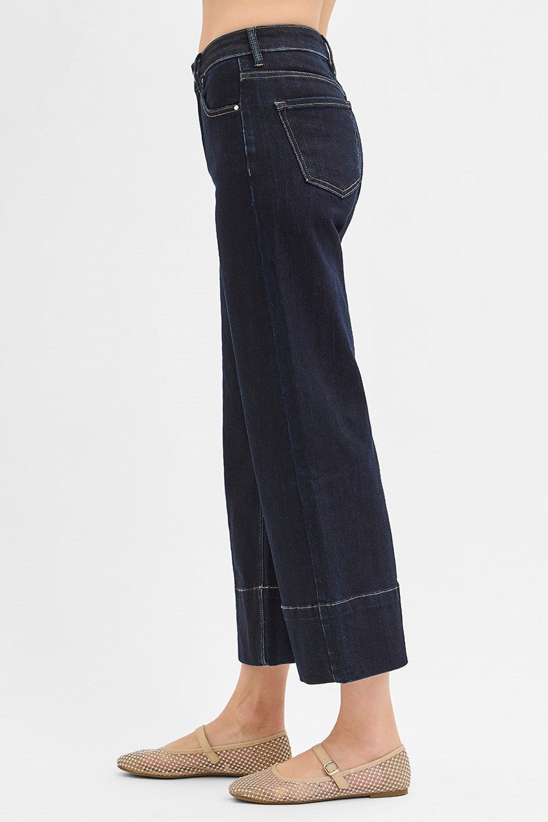 Dark wash tummy control high rise cropped wide leg jeans with seam detail by Risen