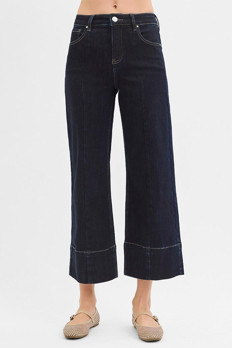 Dark wash tummy control high rise cropped wide leg jeans with seam detail by Risen